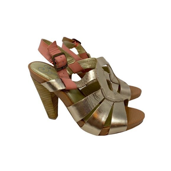 Seychelles Womens Sandal Stacked Heels Shoes Gold Pink Leather Cut Out Buckle 6 - Picture 1 of 10